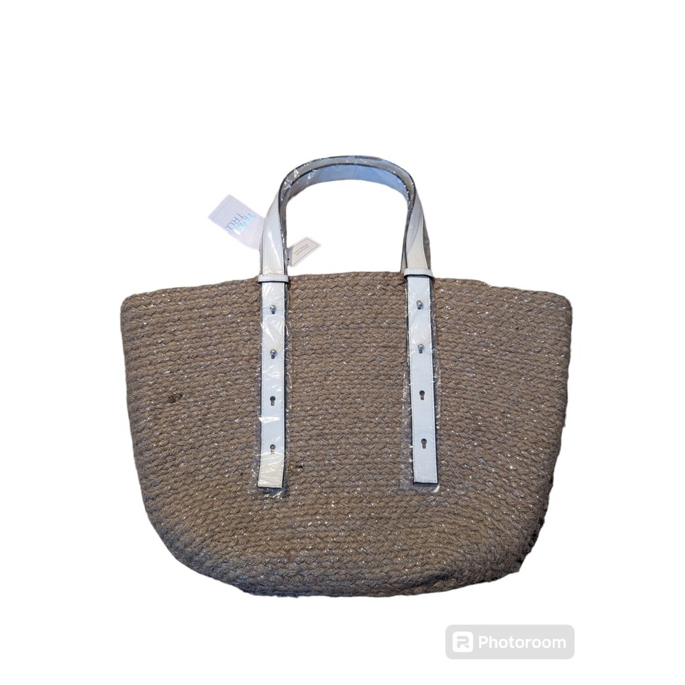 NWT Brown Natural Straw Jute Tote Bag Purse Beach Bag Time & Tru White Straps